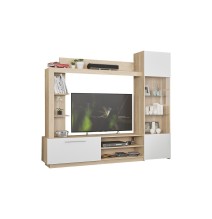 Mueble de Salón para TV Completo en Color Cambria y Blanco, 204x35x177 cm, con Estantes y Almacenamiento - Diseño Moderno